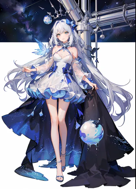 （tmasterpiece，best qualtiy：1.2），（Super meticulous），（illustratio），Wallpapers，Original，1girll，Messy white hair，thin shoulder strap，White dress，Bare legged，Barefoot，Bare arms，space，Earth background，Near-Earth orbit，full bodyesbian，（Surrounded by colorful spla...