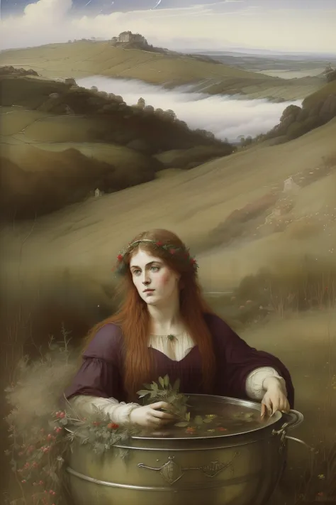 (((Pre-Raphaelite painting of a "velha bruxa corcundae enrugada", vestida de vermelho, boils herbs in the cauldron, There are clouds in the night sky, Hawthorn and mist in the background)))