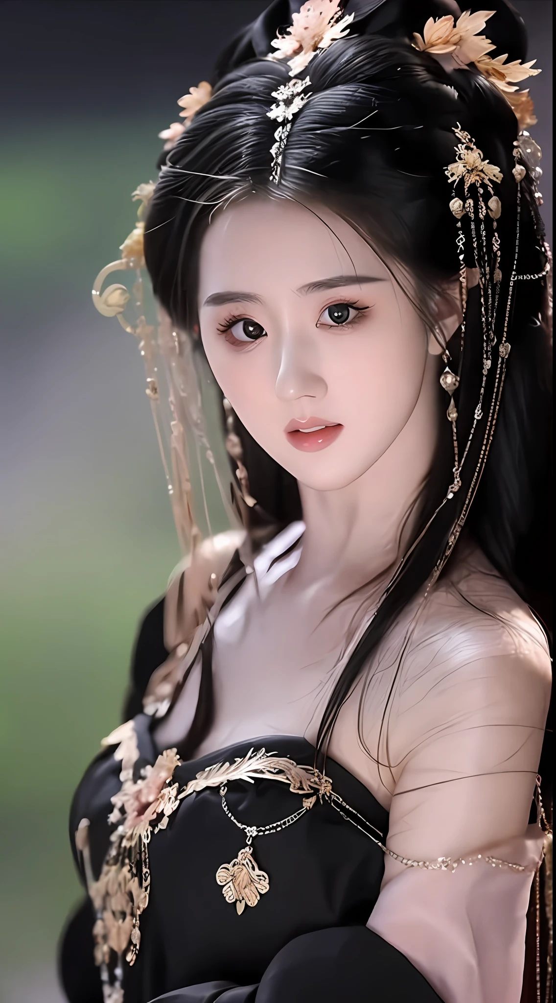 best quality, masterpiece, highres, 1girl, hanfu, lingerie china, hair ornament, necklace, jewelry, Beautiful face, upon_body, tyndall effect, photorealistic, dark studio, rim lighting, two tone lighting, (high detailed skin:1.2), 8k uhd, dslr, soft lighting, high quality, volumetric lighting, candid, Photograph, high resolution, 4k, 8k, Bokeh, (light pink lips), 1 beautiful devil woman from hell, In the Dark: 1.6), surreal female portrait by David Hockney and Alphonse Mucha, fantasy art, photorealism, dynamic lighting, artstation, volumetric lighting, very detailed faces, 8k ultra, Awarded, in the dark, deep shadow, low key, cowboy lens, (Red phoenix dress: 1.4), long hair, black hair, no facial hair, bust, luxurious palace, Royal style, devil crown, red eyes make up very sharp and detailed, The most beautiful face, The breasts are very big and round and round, Super realistic, chinese women's clothing, polo neck sweater, Charming smile, The eyes are very well made up, guweiz, devil style, wearing black mesh socks, Ponytail with a bow tied at the back of the hair, Red black lips, Devil tattoo on shoulder, wearing a thin red and black, robe, the landscape is overcast and thunderous, (Portrait), Close-up of the main character, (Background details 1.8),