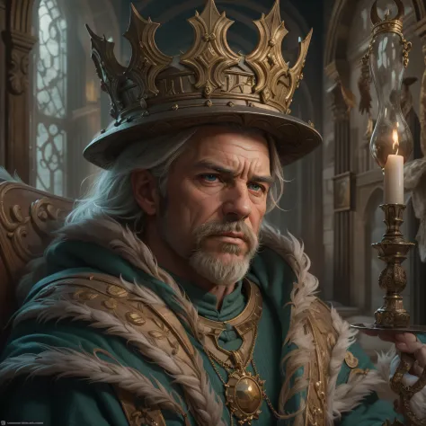 Get ready to marvel at the most stunning portrait you've ever seen. A imagem mostra um homem com barba e coroa, sentado majestosamente sobre uma mesa, in a breathtaking depiction of hyper-realism. Every detail is so incredibly elaborate that it seems to ju...