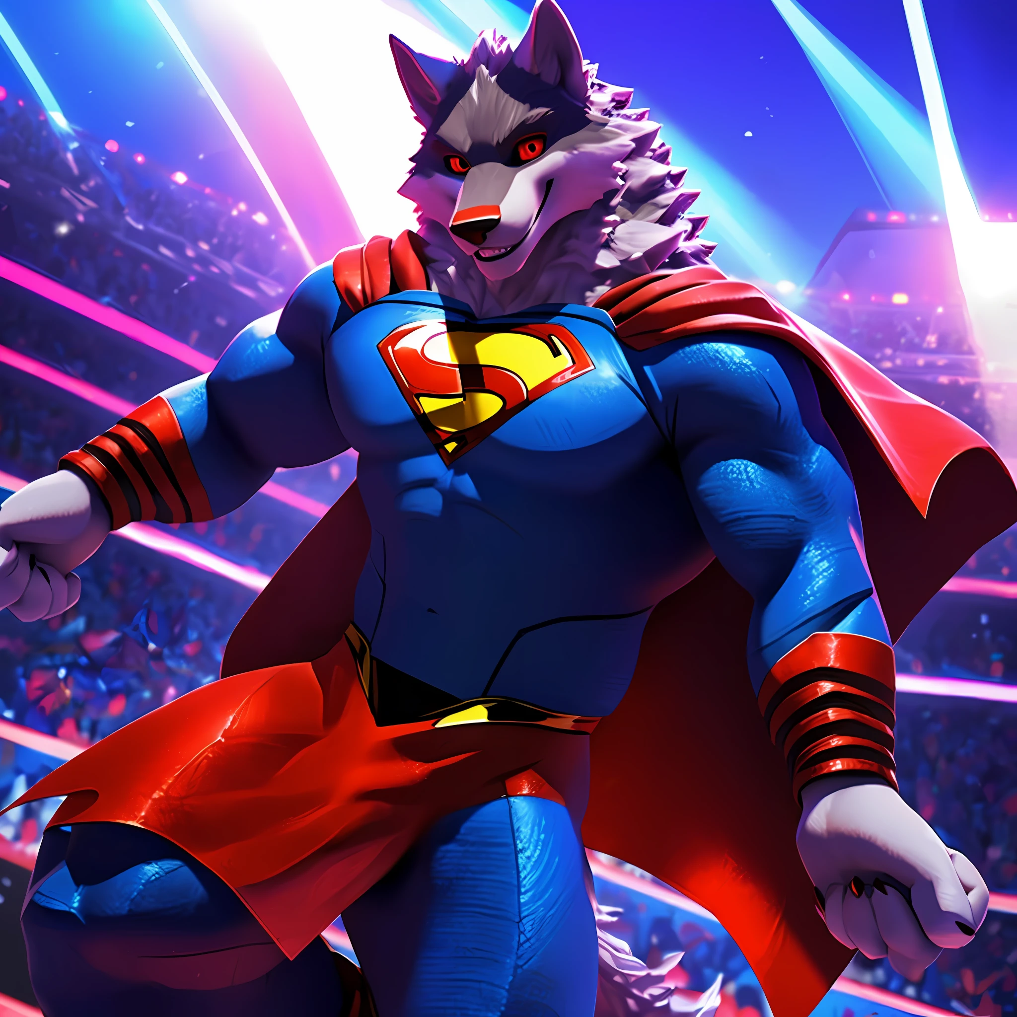 Death Wolf utilisant le cosplay de Superman volant sauvant le public gay dans ses bras et regardant enfin le spectateur avec ses yeux rouges très sensuels un sourire très sensuel 3D ULTRA HD 8K