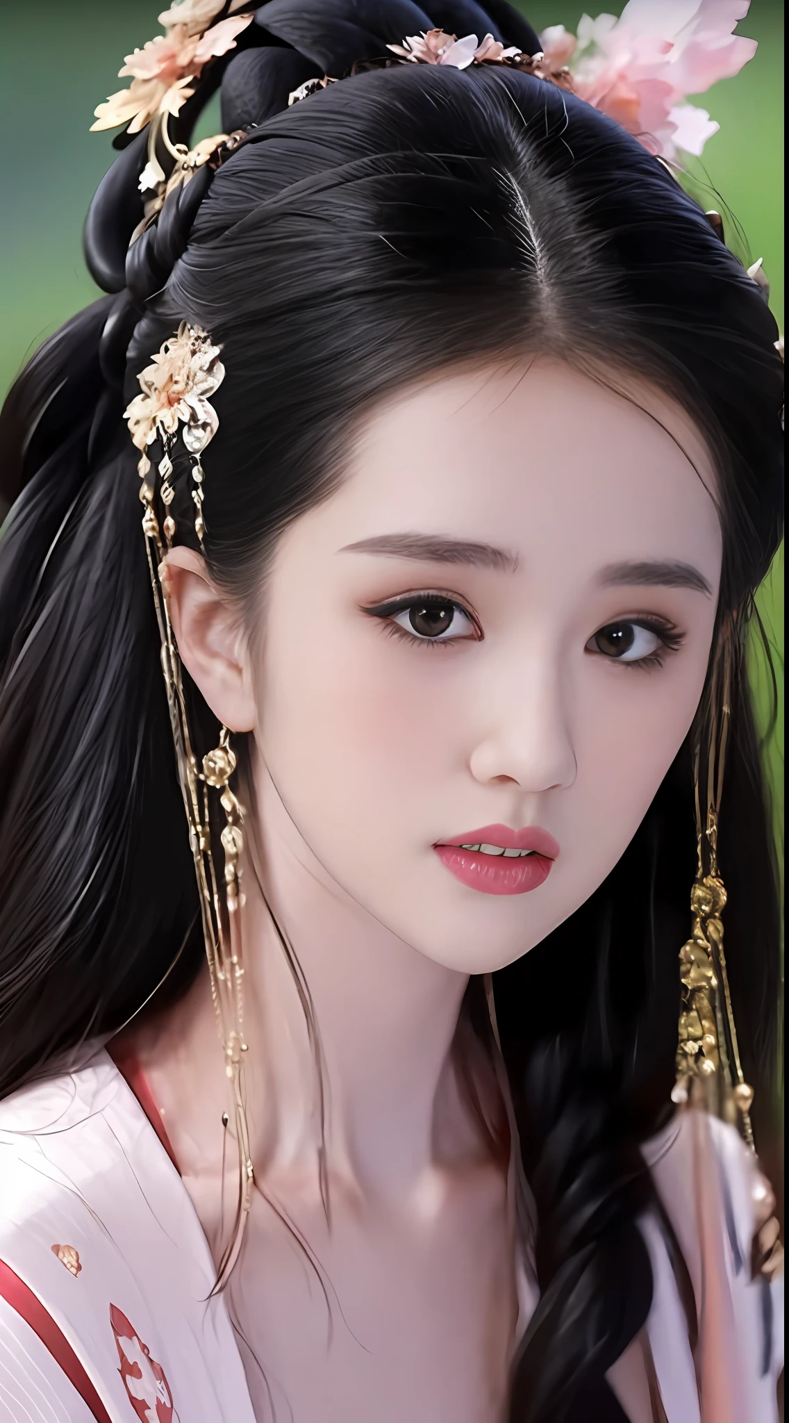 best quality, masterpiece, highres, 1girl, hanfu, lingerie china, hair ornament, necklace, jewelry, Beautiful face, upon_body, tyndall effect, photorealistic, dark studio, rim lighting, two tone lighting, (high detailed skin:1.2), 8k uhd, dslr, soft lighting, high quality, volumetric lighting, candid, Photograph, high resolution, 4k, 8k, Bokeh, (light pink lips), 1 beautiful devil woman from hell, In the Dark: 1.6), surreal female portrait by David Hockney and Alphonse Mucha, fantasy art, photorealism, dynamic lighting, artstation, volumetric lighting, very detailed faces, 8k ultra, Awarded, in the dark, deep shadow, low key, cowboy lens, (Red phoenix dress: 1.4), long hair, black hair, no facial hair, bust, luxurious palace, Royal style, devil crown, red eyes make up very sharp and detailed, The most beautiful face, The breasts are very big and round and round, Super realistic, chinese women's clothing, polo neck sweater, Charming smile, The eyes are very well made up, guweiz, devil style, wearing black mesh socks, Ponytail with a bow tied at the back of the hair, Red black lips, Devil tattoo on shoulder, wearing a thin red and black, robe, the landscape is overcast and thunderous, (Portrait), Close-up of the main character, (Background details 1.8),