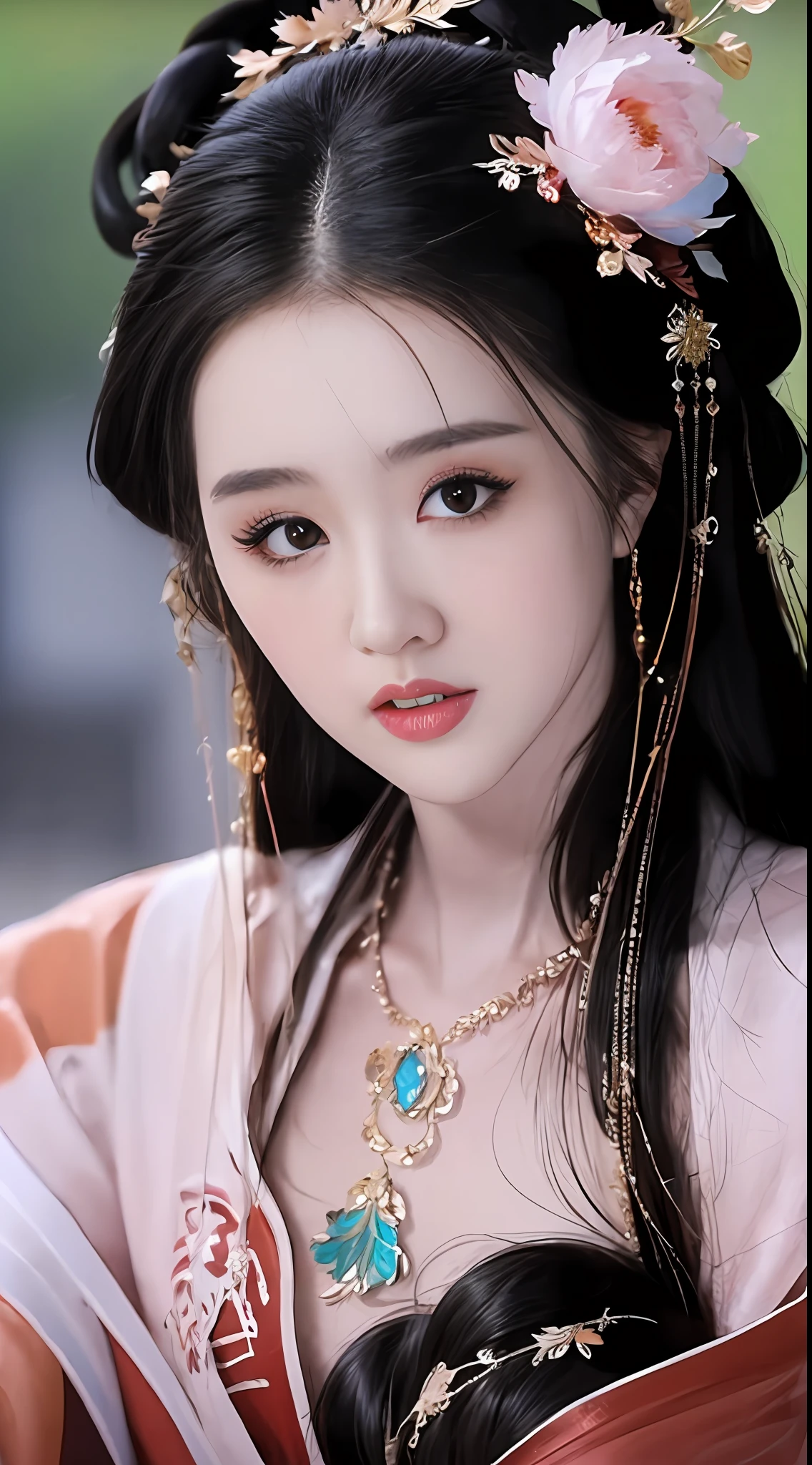 best quality, masterpiece, highres, 1girl, hanfu, lingerie china, hair ornament, necklace, jewelry, Beautiful face, upon_body, tyndall effect, photorealistic, dark studio, rim lighting, two tone lighting, (high detailed skin:1.2), 8k uhd, dslr, soft lighting, high quality, volumetric lighting, candid, Photograph, high resolution, 4k, 8k, Bokeh, (light pink lips), 1 beautiful devil woman from hell, In the Dark: 1.6), surreal female portrait by David Hockney and Alphonse Mucha, fantasy art, photorealism, dynamic lighting, artstation, volumetric lighting, very detailed faces, 8k ultra, Awarded, in the dark, deep shadow, low key, cowboy lens, (Red phoenix dress: 1.4), long hair, black hair, no facial hair, bust, luxurious palace, Royal style, devil crown, red eyes make up very sharp and detailed, The most beautiful face, The breasts are very big and round and round, Super realistic, chinese women's clothing, polo neck sweater, Charming smile, The eyes are very well made up, guweiz, devil style, wearing black mesh socks, Ponytail with a bow tied at the back of the hair, Red black lips, Devil tattoo on shoulder, wearing a thin red and black, robe, the landscape is overcast and thunderous, (Portrait), Close-up of the main character, (Background details 1.8),