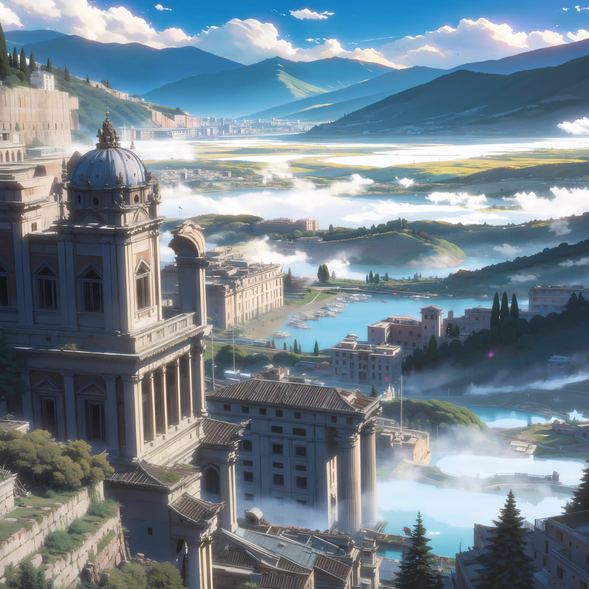 Una vista de una ciudad de Roma., palacios, rocky montañas, ruina, nubes, montañas, niebla, columnas, lago, (Estilo Makoto Shinkai)