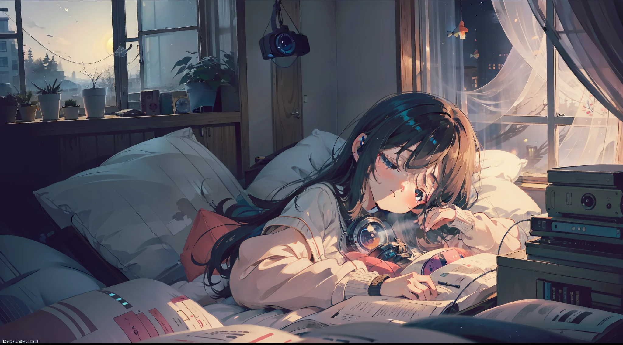 bedroom, sleep, window, Night, a computer, head phone, chuunibyou, 1girl in, fisheyes, Very long hair,