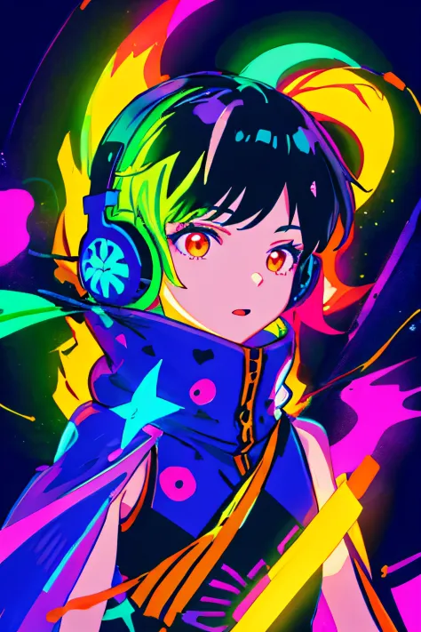 multicolored, 1girl, night, dark, black hair, looking at audience, upper body, facing audience, limited color palette, bright background, glowing background, light effects, headphones, singing,