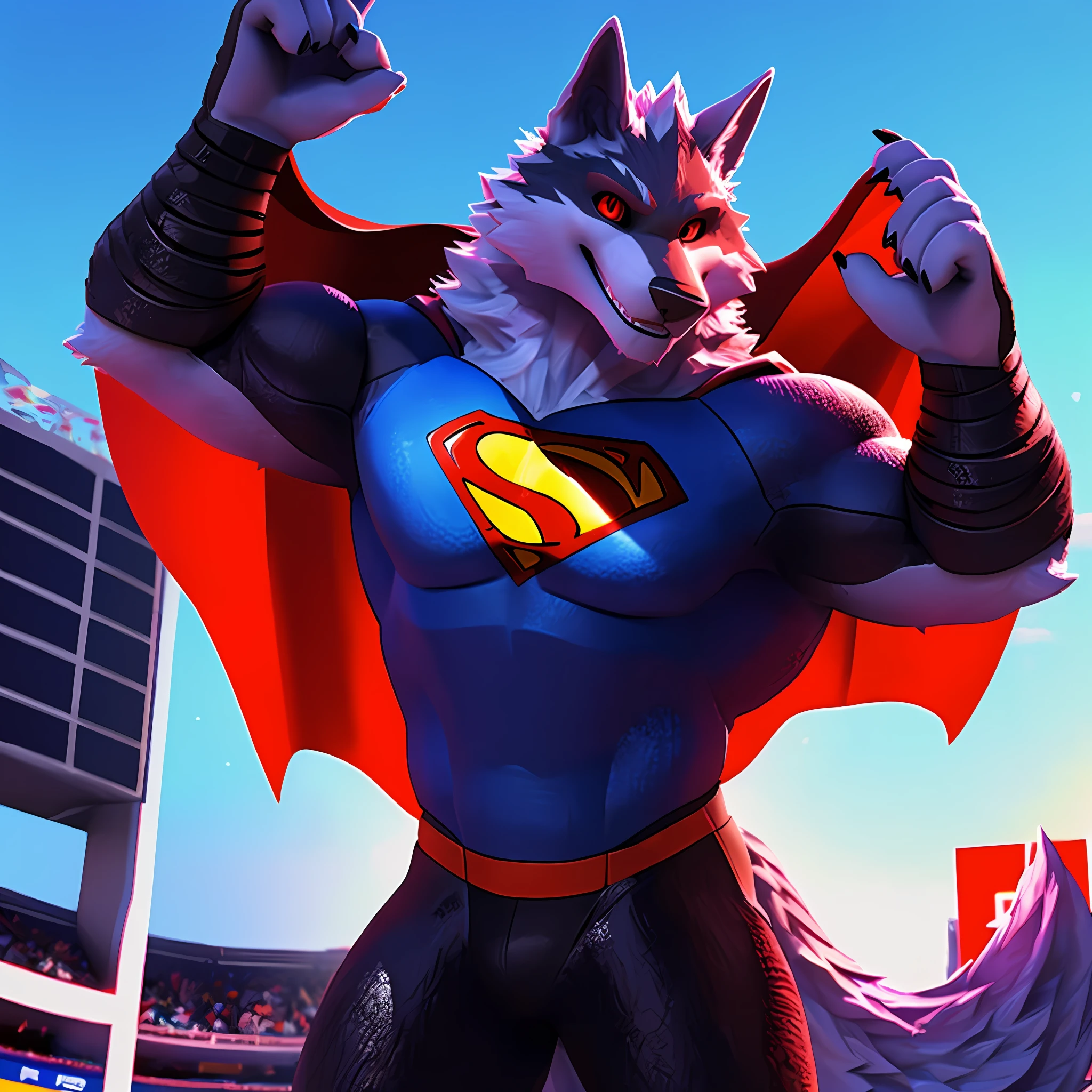 Death Wolf fliegt im Superman-Cosplay umher, rettet das schwule Publikum in seinen Armen und blickt den Betrachter schließlich mit seinen sehr sinnlichen roten Augen und einem sehr sinnlichen Lächeln an. 3D ULTRA HD 8K