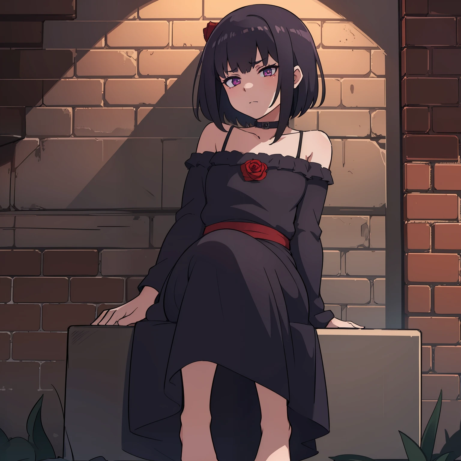 (1 girl) Dark short shoulder-length hair, Emotionless face, quiet look. Little red rose in hair, dark purple eyes, bare feet, Dark gothic outfit. Sitting on a horrible dark throne against the backdrop of a gloomy brick wall