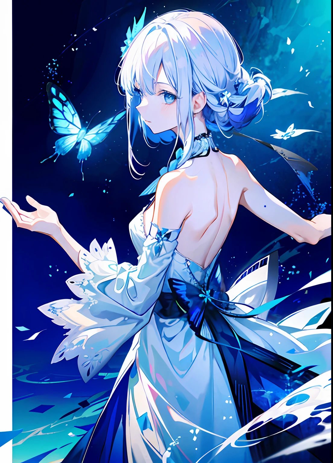 1girll，  eBlue eyes， shift dresses， a blue dress， White hair，Flying blue butterflies， Riman， light particules， Keep one's mouth shut， inside in room， jewely， sleeveless， bare shoulders​， By bangs，beatiful detailed eyes， detailed back ground，