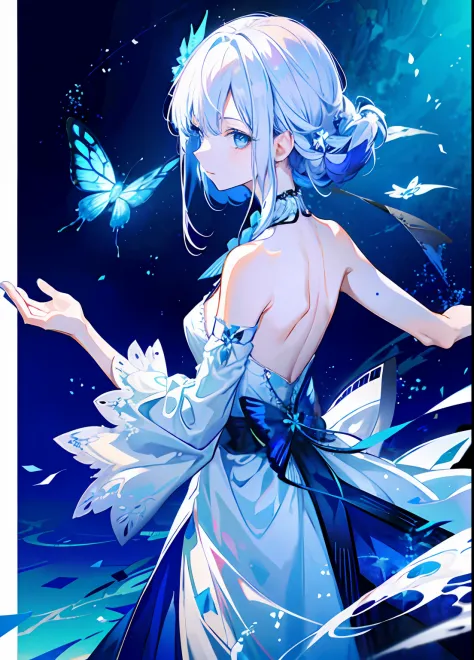 1girll，  eBlue eyes， shift dresses， a blue dress， White hair，Flying blue butterflies， Riman， light particules， Keep one's mouth ...