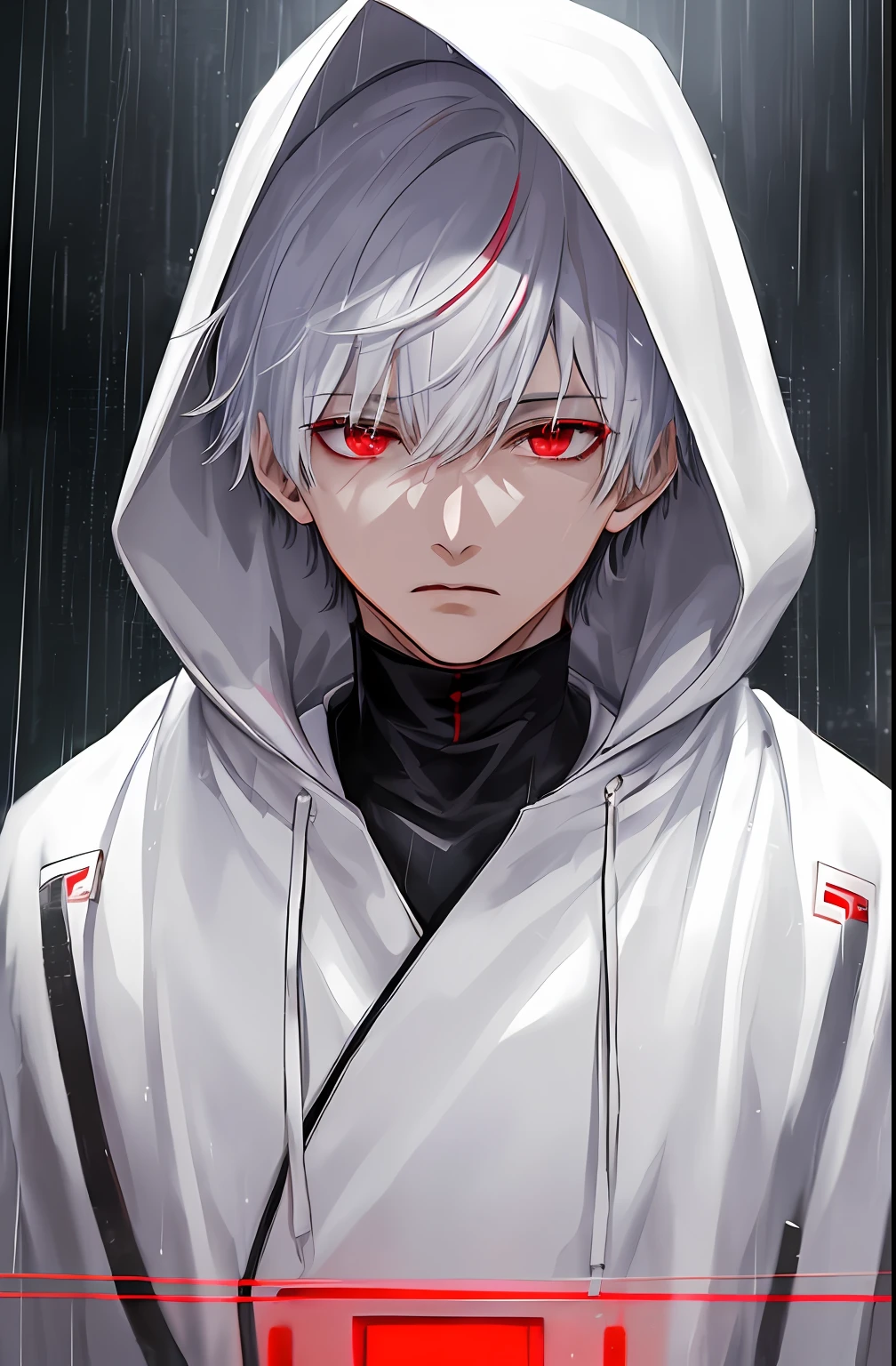 kk, best quality, more details, masterpiece, 1boy, kaneki ken, portrait, male focus, red eyes, solo, bangs, looking at viewer, hood, short hair, rain, tokyo tokyo \(city\),  hood up, nail polish, white hair, luxurious, 8k, detailed, ray tracing, depth of field, cinematic lighting,