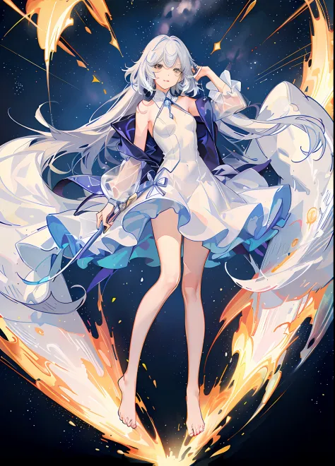（tmasterpiece，best qualtiy：1.2），（Super meticulous），（illustratio），Wallpapers，Original，1girll，Messy white hair，thin shoulder strap，White dress，Bare legged，Barefoot，Bare arms，space，Earth background，Near-Earth orbit，full bodyesbian，（Surrounded by colorful spla...