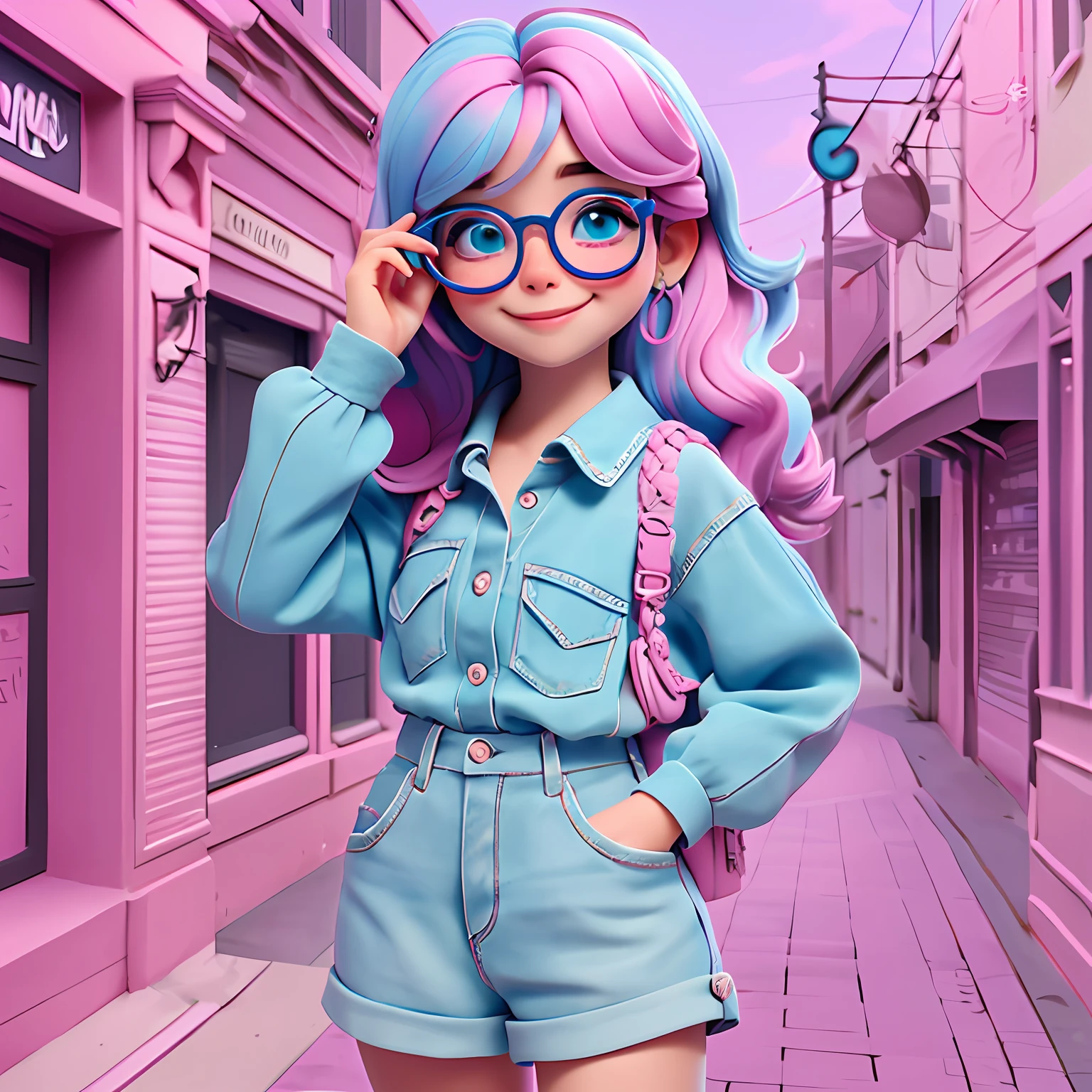 uma loli menina, eyeglass, lacing, Your hair is stuck,, tom preto e azul, moleton, capuz, corpo inteiro, The background is filled with a pastel shade, evoking a sense of lightness and happiness.