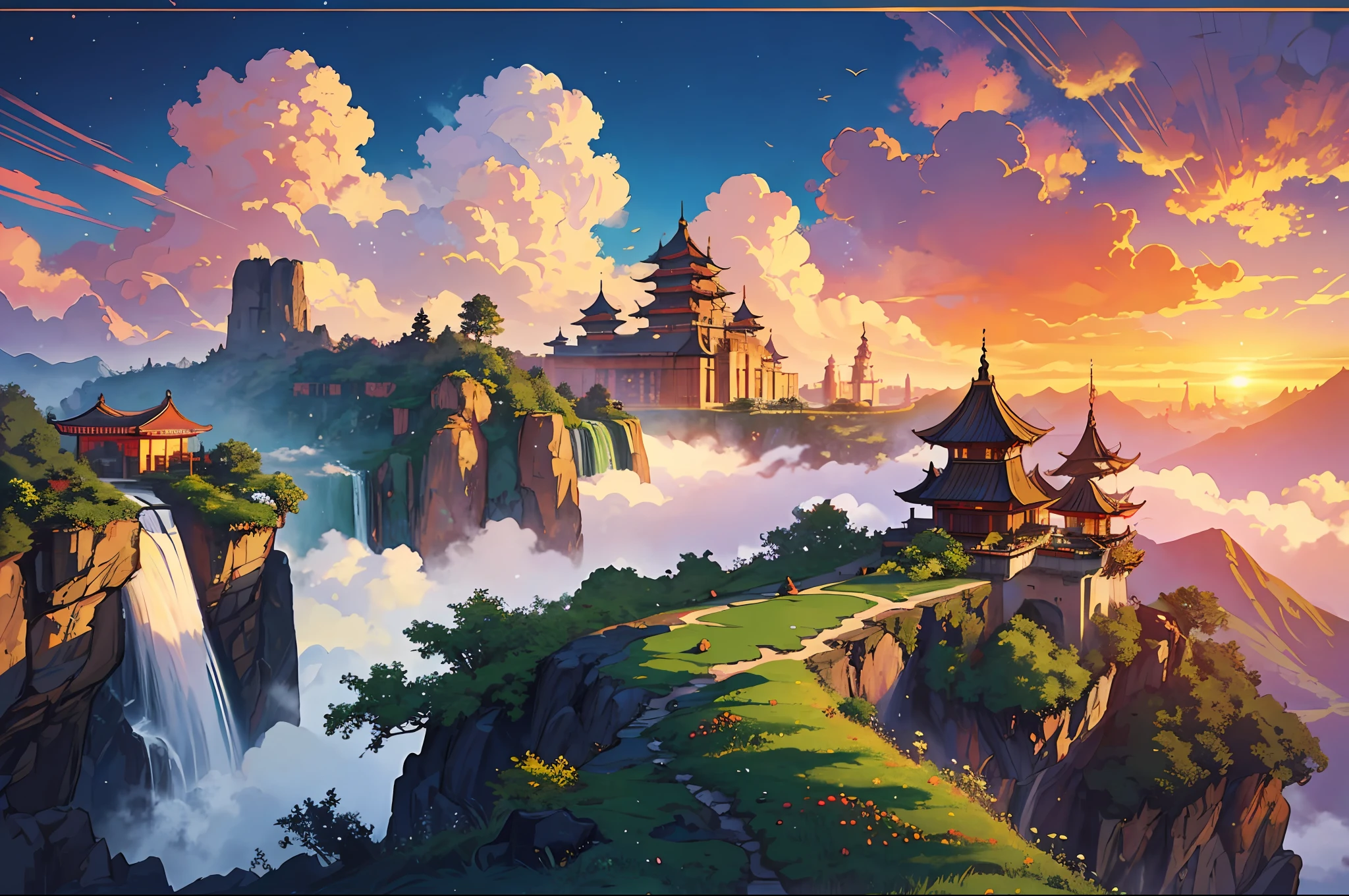 Craft a vivid description of a majestic chinese kingdom nestled among the clouds in a breathtaking fantasy landscape. Envision cascading waterfalls of iridescent mist, opulent floating palaces adorned with intricate spires, and ethereal gardens where vibrant, otherworldly flora flourishes in the soft glow of an eternal sunset