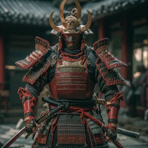 (masterpiece, ultra-high resolution:1.4), (photo of a sengoku daimyo samurai branding a katana with cuirass and helmet:1.3), katana on both hands, face highly detailed, (japanese heritage samurai armor and helm), (tall stature and muscular body:1.4), (Sony...