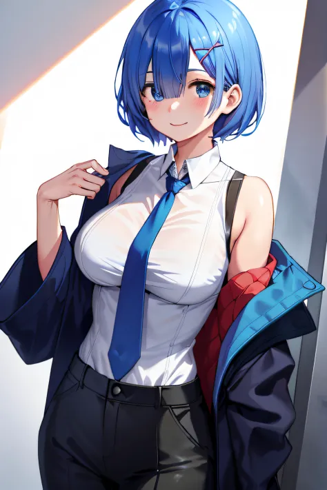 blue  hair， rem with huge breasts\（re：lofi\）， [ssmile]， Be red in the face， tmasterpiece， Best quality at best， Perfect litthing， 1girll，Be red in the face， ssmile， black necktie， blue jacket， trouser， collared shir， hair between eye， Black pantsuit， （crop...
