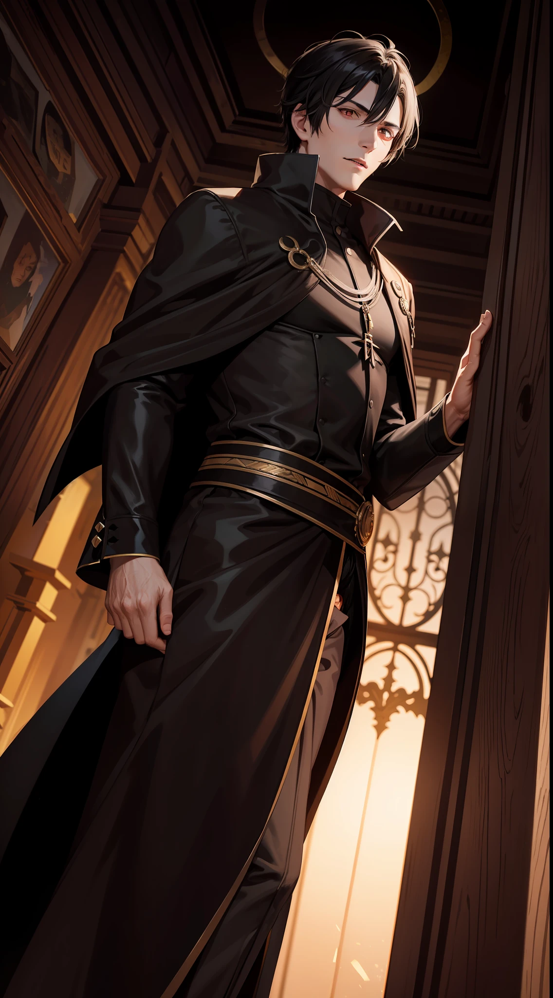 A 29-year-old man，A black-haired, black-eyed vampire king，He wears a brown robe