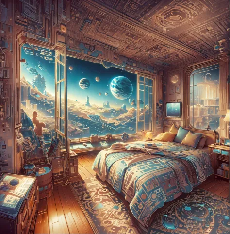 a bed in front of a window, surreal space, inspired by Cyril Rolando, dmt space behind, Des portes qui sont des portails cosmiqu...