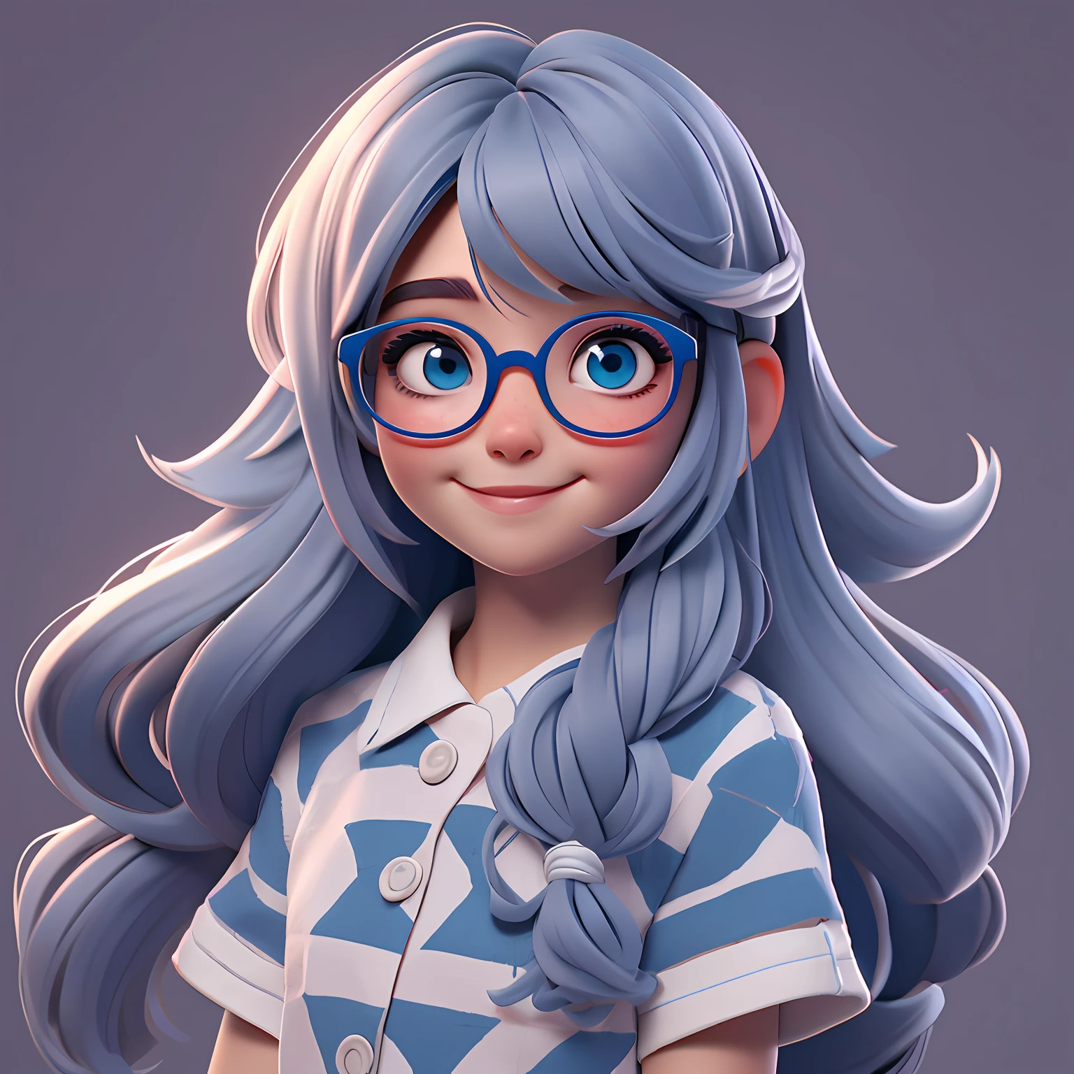 uma loli menina, eyeglass, lacing, Your hair is stuck,, tom preto e azul, moleton, capuz, corpo inteiro, The background is filled with a light gray tone, evoking a sense of lightness and happiness.