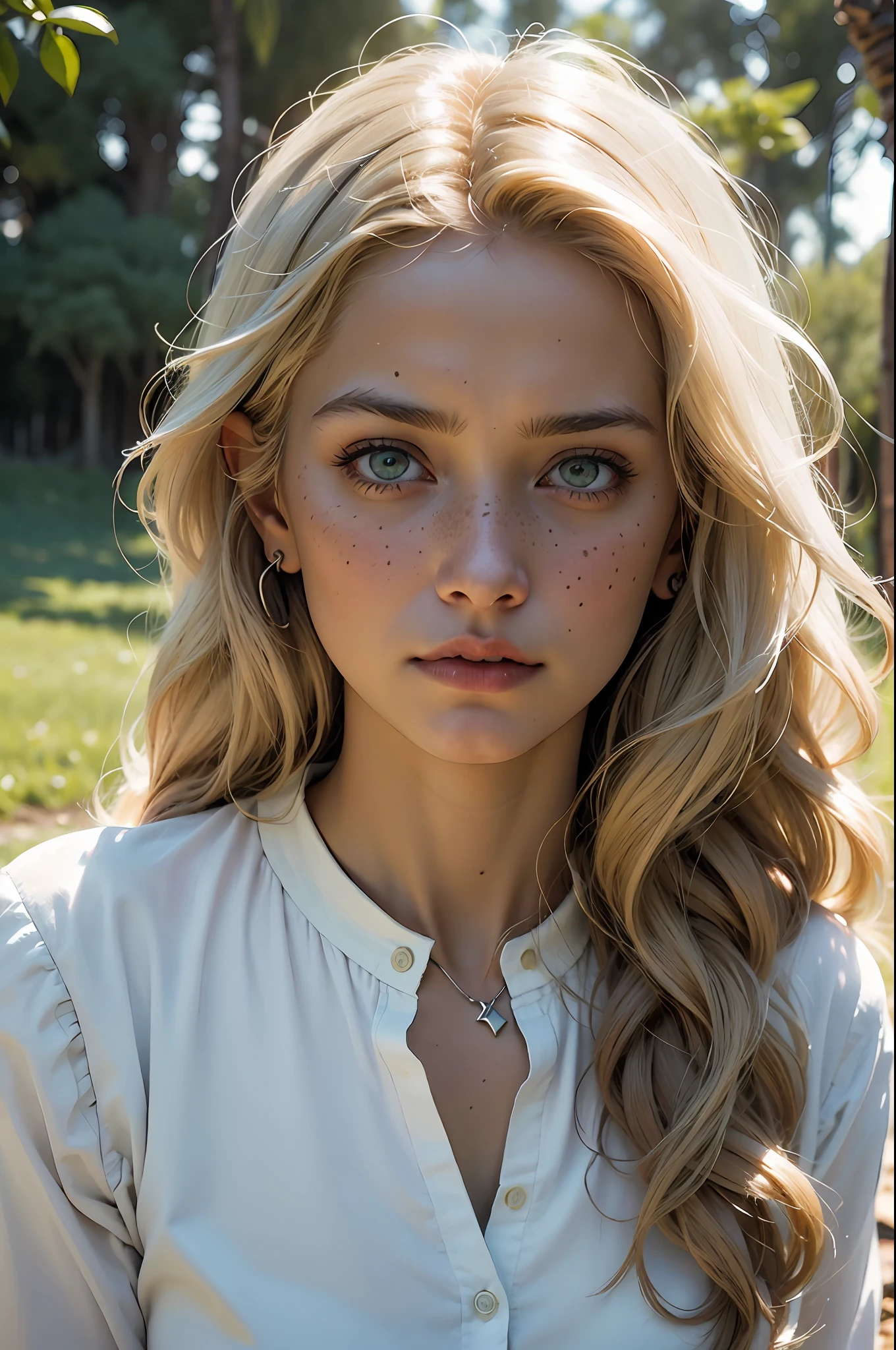 deep shadow, sinister, award winning photo, best quality, masterpiece, woman, freckled face, windblown blonde hair, emerald eyes, by Antonio J. Manzanedo, by lee jeffries nikon d850 film stock photograph 4 kodak portra 400 camera f1.6 lens rich colors hyper realistic lifelike texture dramatic lighting unreal engine trending on artstation cinestill 800, volumetric lighting, particles, god rays, 1girl, beautiful girl, long white hair, long straight hair, middle parted hair, white shirt, ruffled white shirt, white deep neck shirt, princess, warrior, outside, forest, simple shirt, intense gaze, scowling, pale, white, light on skin, light illuminating skin, (highly detailed face:1), (extreme detailed eyes:1), (face focus:1.2),