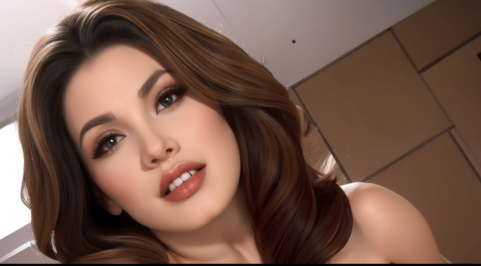 A close up of a woman with long brown hair and a white top - SeaArt AI