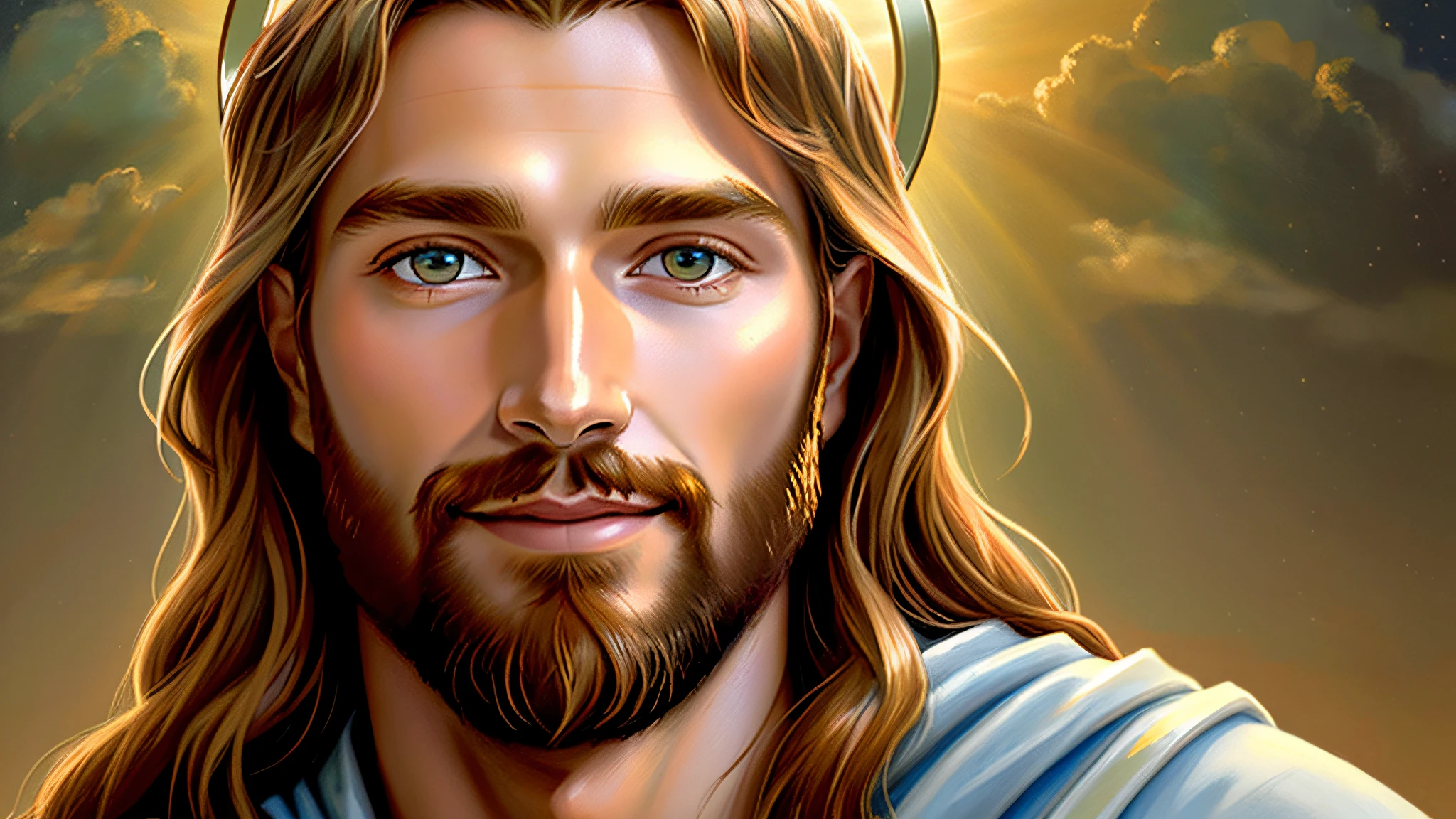A painting of 耶穌 with a halo in heaven, 耶穌 Christ, 在天堂微笑, Portrait of 耶穌 Christ, Face of 耶穌, 年輕的全能神, 天上神的肖像, 格雷格·奧爾森, 耶穌 Gigachad, 耶穌 of Nazareth, 耶穌, 神的臉, 上帝看著我