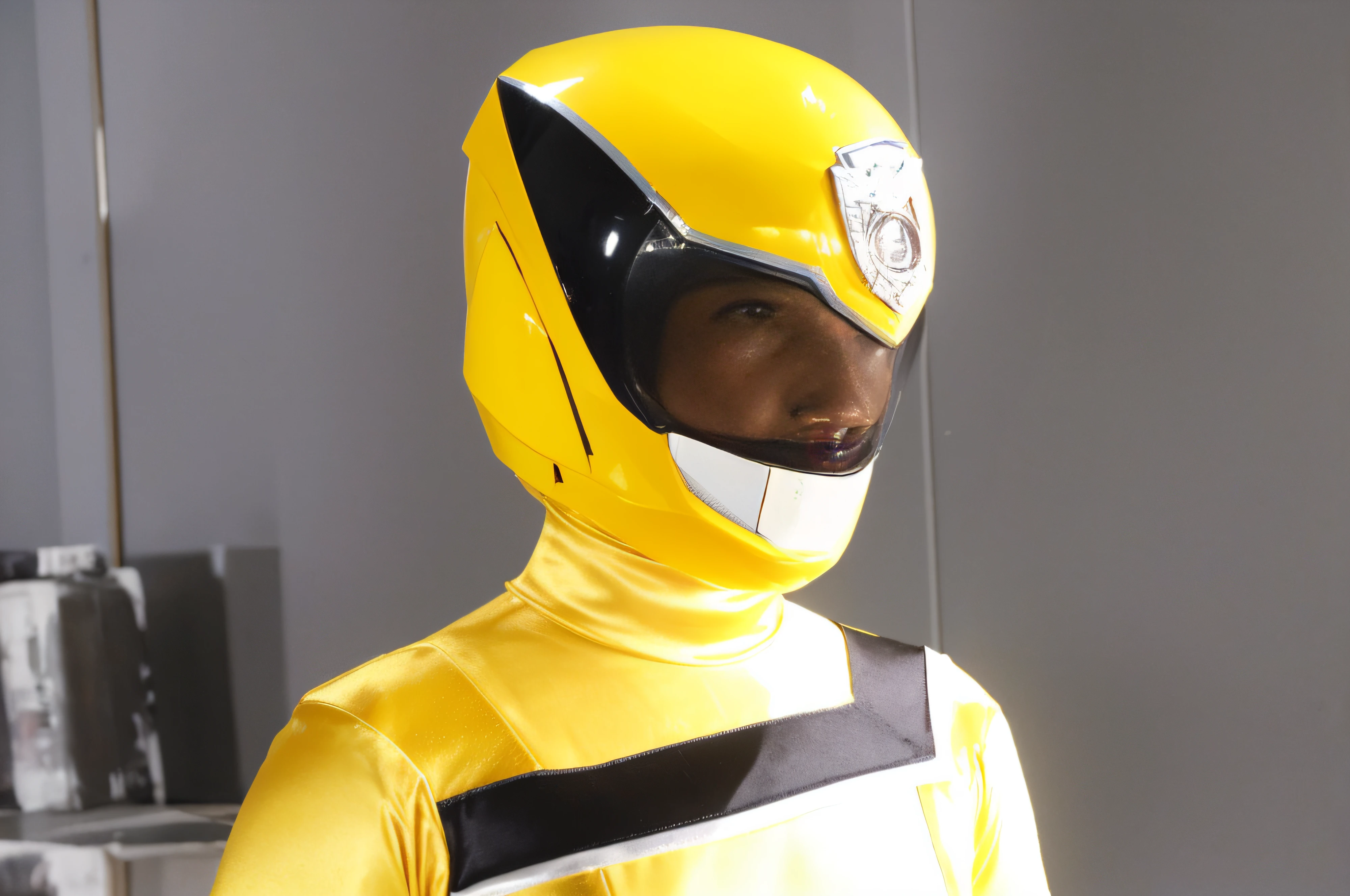 Arafed man in a yellow power ranger costume standing in a room - SeaArt AI