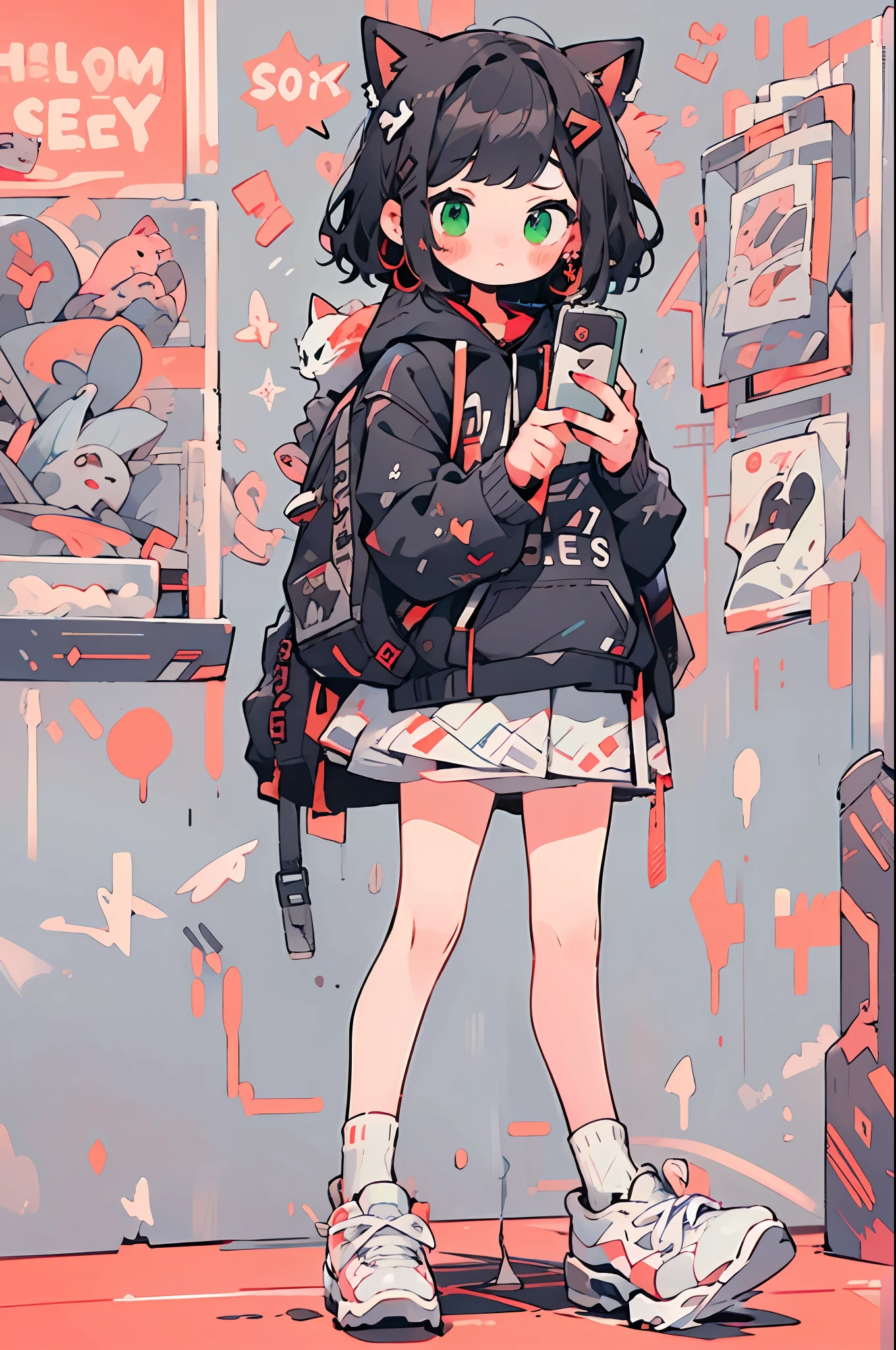 1girl, green eyes, backpack, cat, black hoodie, drawstring, black hair, shoes, hood down, hoodie, long sleeves, solo, bag, holding, hair ornament, english text, socks, earrings, white footwear, bangs, looking at viewer, jewelry, sneakers, phone, standing, blush, full body, skirt, medium hair, black socks, hairclip, red theme, speech bubble, holding phone, closed mouth, cellphone, sleeves past wrists, animal, short hair, simple background, black skirt,