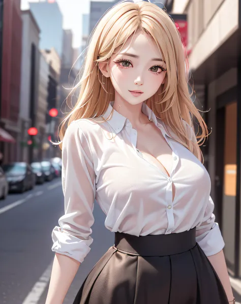 (scretary:1.5, midtown street background:1.5, standing on turn-table:1.5), photo realistic, anime style, (8k, RAW photo, best qu...