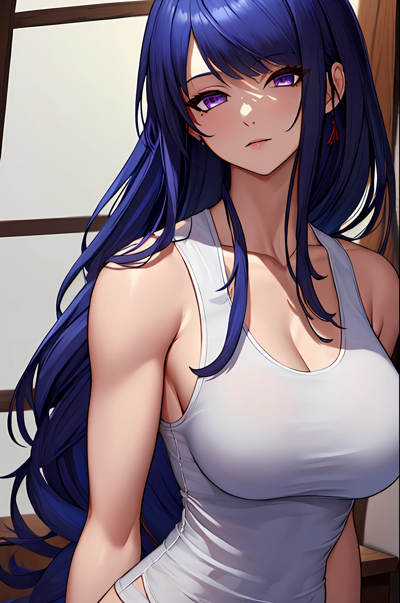 Highly detailed, High Quality, Masterpiece, beautiful, WrittenOnClothes, 1girl, solo, Raiden_Shogun_\(genshin impact\), Raiden_Shogun:1.2, blue hair, long hair, white tank top, tank top, skin tight,, mature female, tall female, adult, gorgeous body