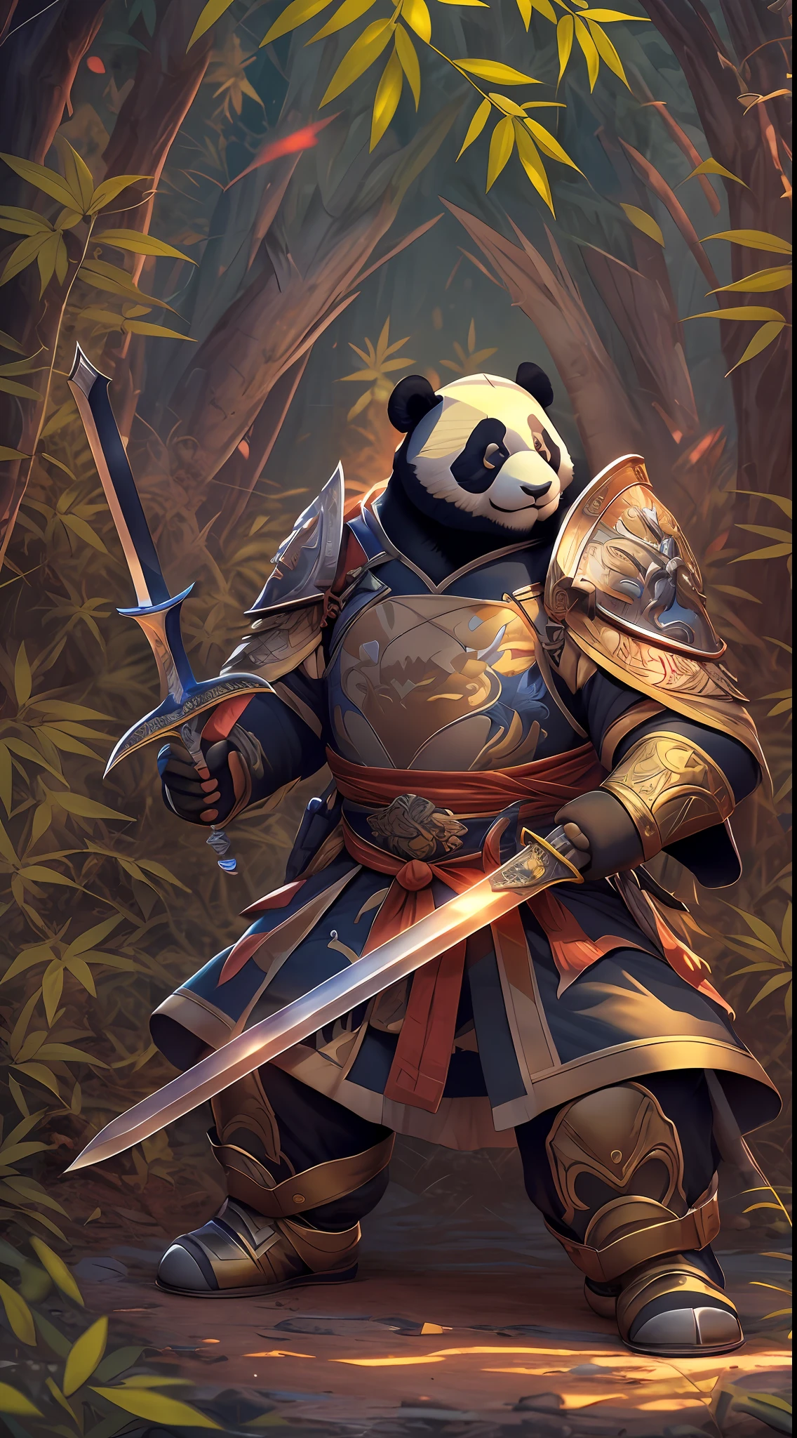 Ray tracing,{Best quality}, {{Masterpiece}}, {A high resolution}, Original, Extremely detailed 8k wallpaper, {An extremely delicate and beautiful},,incredibly_absurderes,Colorful,intricately details,art book,,Panda soldiers, Goldenrod, Sword and shield,Fighting posture，god light