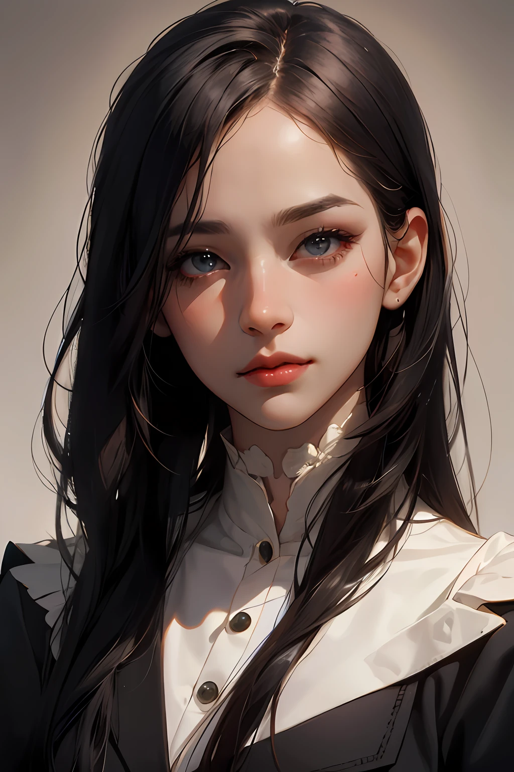 masterpiece*portrait, realistic, lustrous skin,girl,face, saturated colour, Portrait image of a gorgeous female Korean French model wearing school girl uniform, designed by Gareth Pugh, painted by Mark Ryden, softly lit with dramatic shadows, detailed background, trending in Artstation
