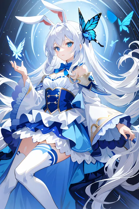 tmasterpiece，Need，illustration，blue color eyes，long  white hair，Bunny girl outfit，ellegance、Playful、Raised sexy，Flying blue butt...