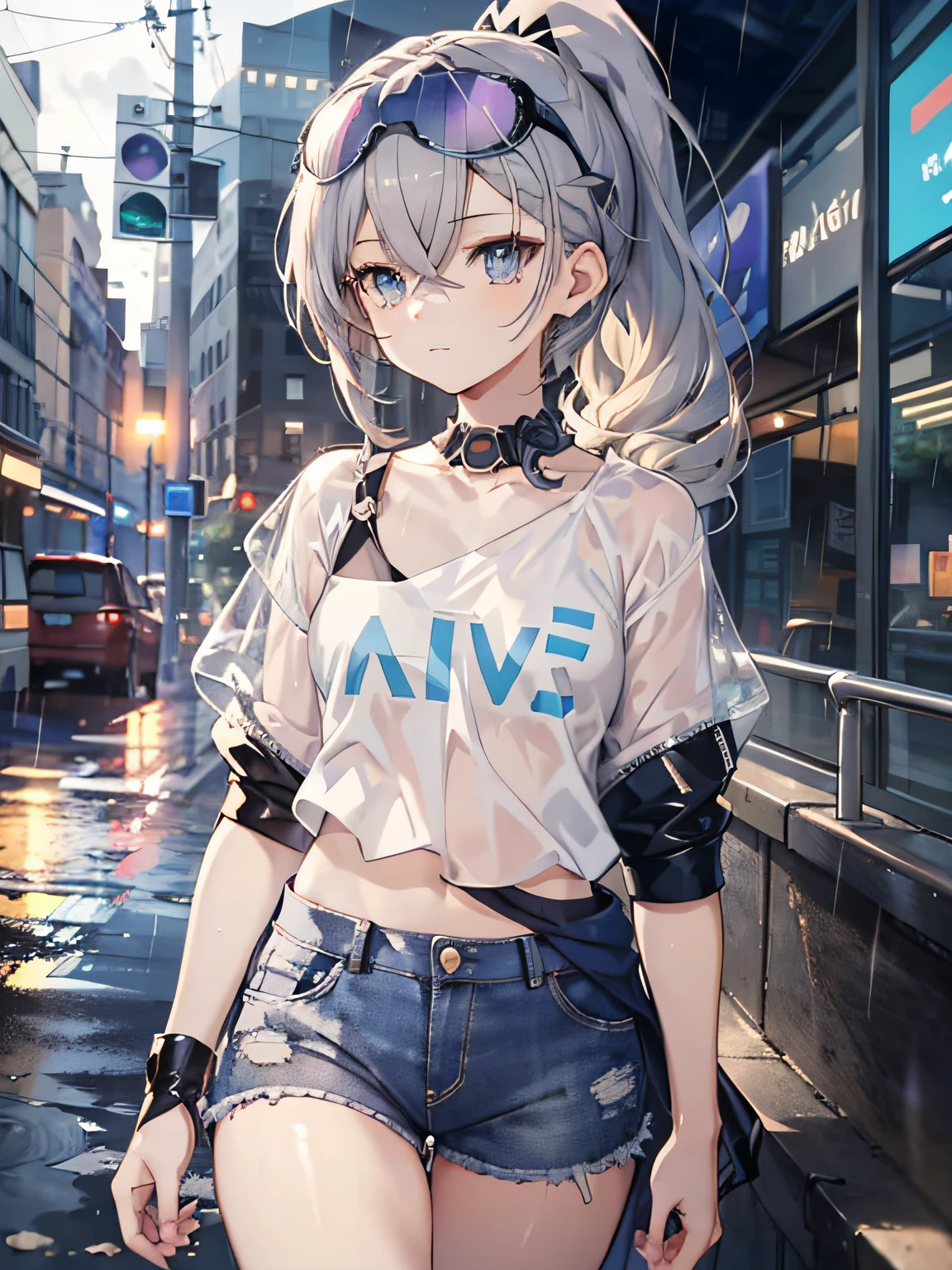 Exquisite masterpiece, best quality, illustration style, an anime girl with a curly ponytail, beautiful eyes, summer, white short-sleeved hem blown by the wind, jeans, blue-purple gradient goggles, small, heartwarming, youthful and beautiful, heroic and sassy, black and white matching, gray hair, showing a natural casual style. The dynamic posture contains the golden section, large aperture portrait, white space, strong contrast between light and shadow, super texture, super clear and concise picture, presenting extremely beautiful, elegant temperament, delicate facial expressions, city background, rainy days, road area water reflection