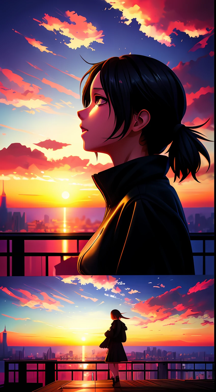a girl watches the sunset from a rooftop โดย มาโกโตะ ชินไค, โดย มาโกโตะ ชินไค, มาโกโตะ ชินไค ซีริล โรลันโด้, สไตล์ของมาโกโตะ ชินไค, อะนิเมะ. โดย มาโกโตะ ชินไค, realistic อะนิเมะ 3 d style, งานศิลปะในรูปแบบของกูไวซ์, in สไตล์ของมาโกโตะ ชินไค
