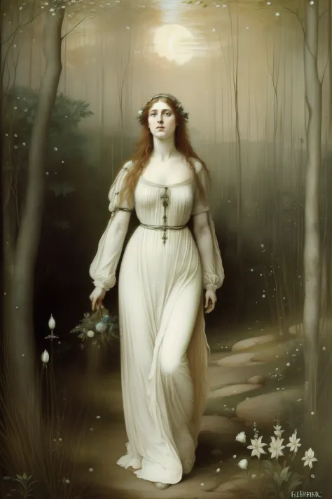 (((Pre-Raphaelite painting of a pale maiden of fear and terror, noite, lua cheia, Floresta de espinheiro-branco[)))