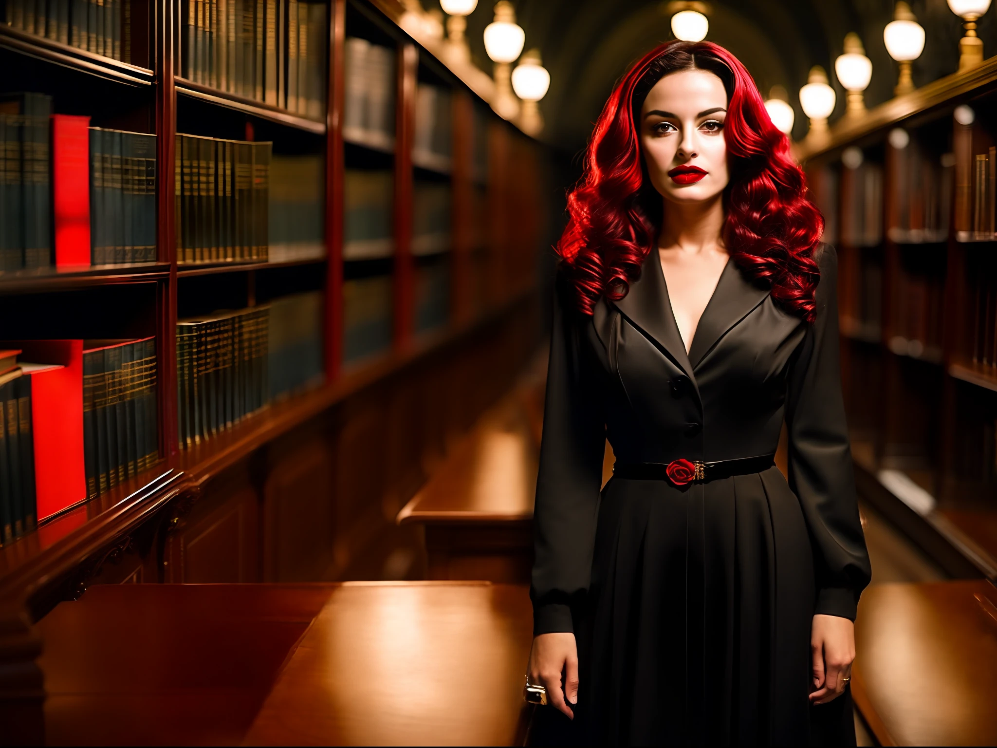 自信に満ちた力強い表情を持つ美しい 25 歳の魔女のリアルな写真, 暗い赤色の唇, ダークなアカデミアスタイルで黒い服を着ている, 1942年の図書館内, 鋭い焦点, ムード照明, 暗い雰囲気, 写真の雰囲気は暗い, 35mm写真
