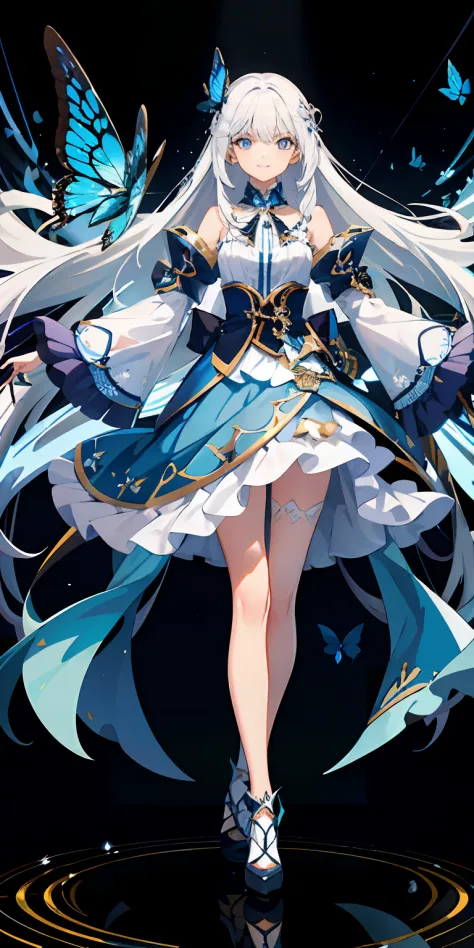 tmasterpiece，Best quality at best，hyper detailed illustration，Extremely refined and beautiful， 1girll，light  smile，long  white hair，blue color eyes，blue skirts，Flying blue butterflies，live stage，Particles of Light，