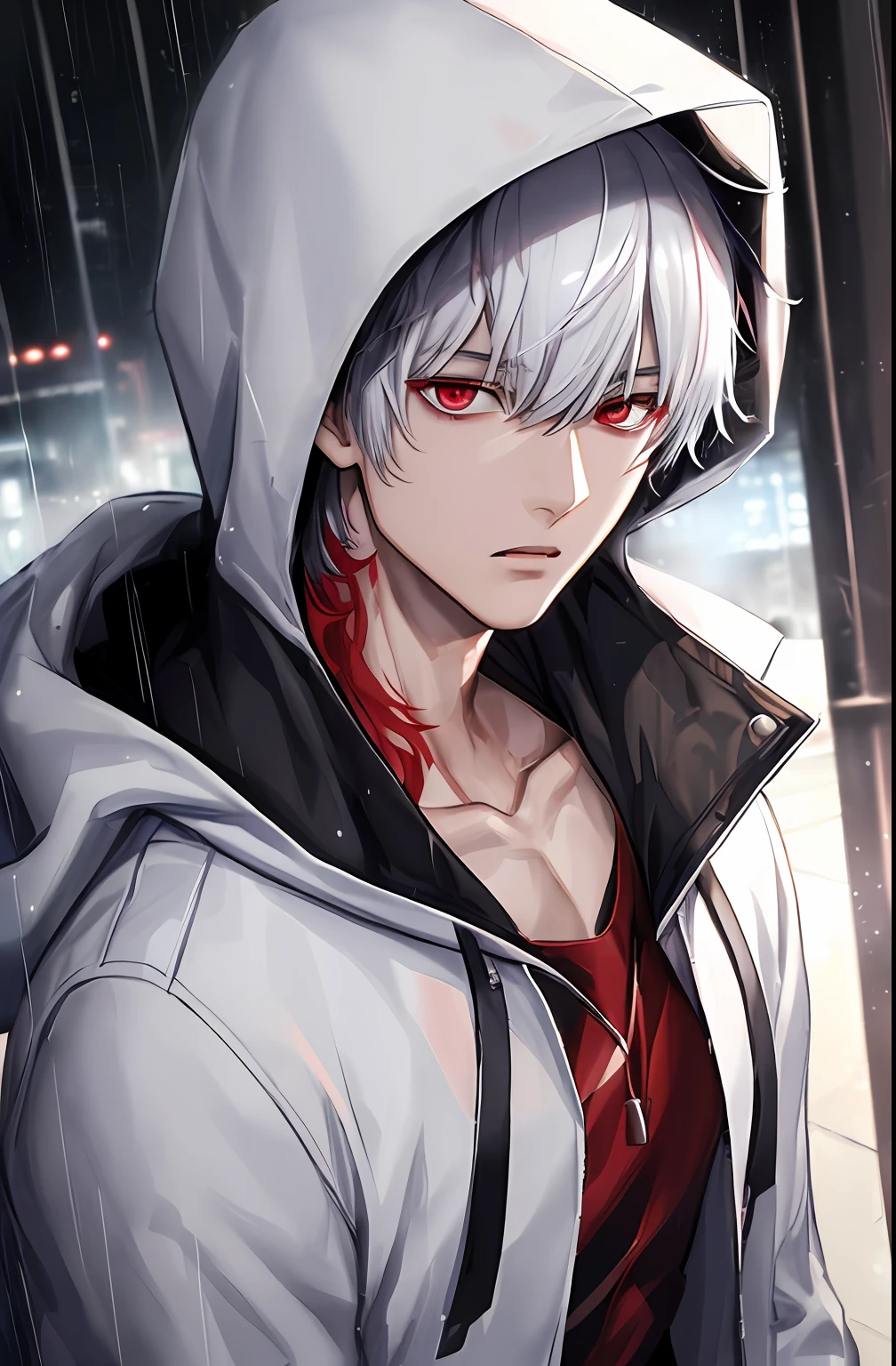 kk, best quality, more details, masterpiece, 1boy, kaneki ken, portrait, male focus, red eyes, solo, bangs, looking at viewer, hood, short hair, rain, tokyo tokyo \(city\),  hood up, nail polish, white hair, luxurious, 8k, detailed, ray tracing, depth of field, cinematic lighting,