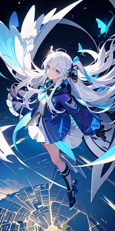（​master piece：1.2，high high quality）， （pix：1.4）， （1girll：1.2）long  white hair，blue color eyes，Flying blue butterflies，Mature fe...