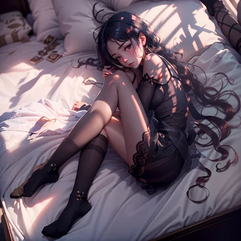 girl lay on bed, wearing a Light and transparent black lace strap facing the camera reveals, charming pale, wearing black socks,...