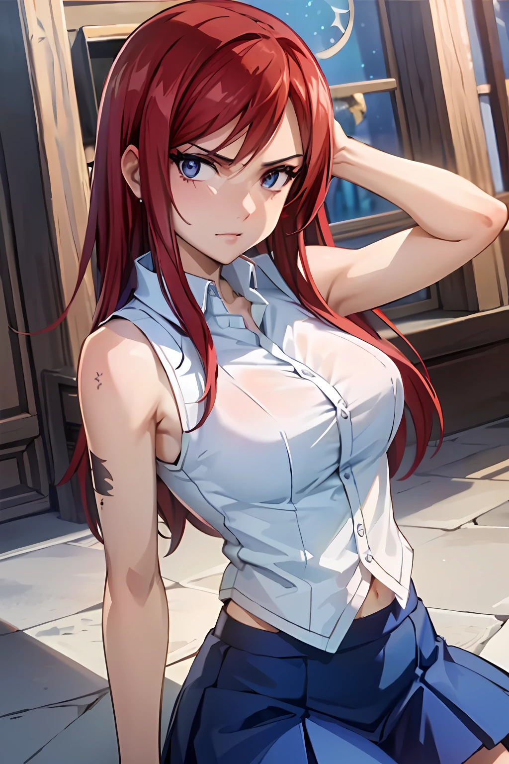 (masterpiece, top quality, best quality), 4k, perfect-lighting, symmetrical face, solo, Erza Scarlet, devastating look, red hair, breasts, blue skirt,white sleeveless shirt, cowboy shot