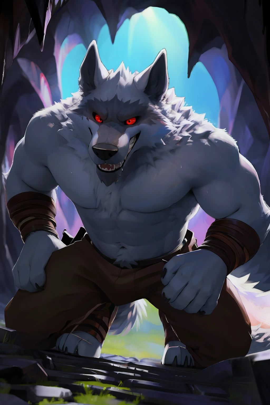 Death Wolf， 1boys， 独奏， colored sclera， red eyes， ， Sex life，Double，White fur， full bodyesbian， Humanity， （scowling：1.2）， （pain：1.3）， （Gritted teeth and drooling：1.3）， （Close one eye：1.5）， from the above， Kneeling， （Hands behind your back：1.3）， （up looking：1.5）， （Tightly bound by vines：1.5）， male people， musculous， muscular anthro， （sweat leggs：1.4）， big muscular male， Age upwards， A high resolution， （downblouse：1.2）， 8K high-definition，extreme hight detail，detailedbackground，Cave of Darkness，author：pino daeni，（by ruaidri），author：virtyalfobo，Big perspective，3D ULTRA HD 8K