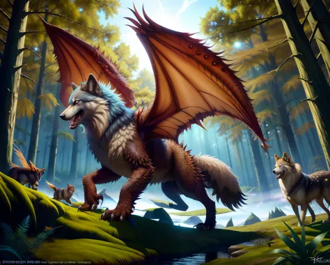 wolf face, monster, fur, mane, wolf dragon, canine, ((silavra art style)), feathered wings on its back, forest background, 3d re...