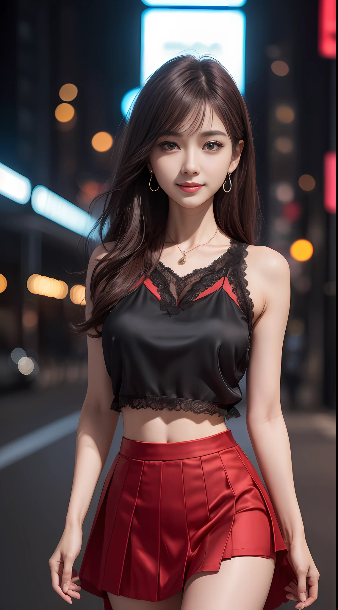 8k, masterpiece, RAW photo, best quality, photorealistic, extremely detailed CG unity 8k wallpaper, Depth of field, Cinematic Light, Lens Flare, Ray tracing, (extremely beautiful face, beautiful lips, beautiful eyes), intricate detail face, ((ultra detailed skin)) 1girl, in the dark, deep shadow, pretty korean girl, kpop idol,(very slim slender fit-muscled body:1.3), ((looking at viewer)),(big smile:1.3), (tight mini skirt, sleeveless), (fashion city night, (neon sign), (big building), fashion street night),(no people), (without people in the background:1.3), pretty korean girl, white diamond earrings, dia bracelets, dia necklace, pantyhose, clear eyes, walking , front shot, (pale skin), face forward, (big eyes), ((upper body shot)), ((silk Laced)), ((black, red color skirt:1.3)), (brown hairs) (looking at viewer:1.3), (see through blouse), (laced panty), open breast, very slim, medium breasts, have a sheen