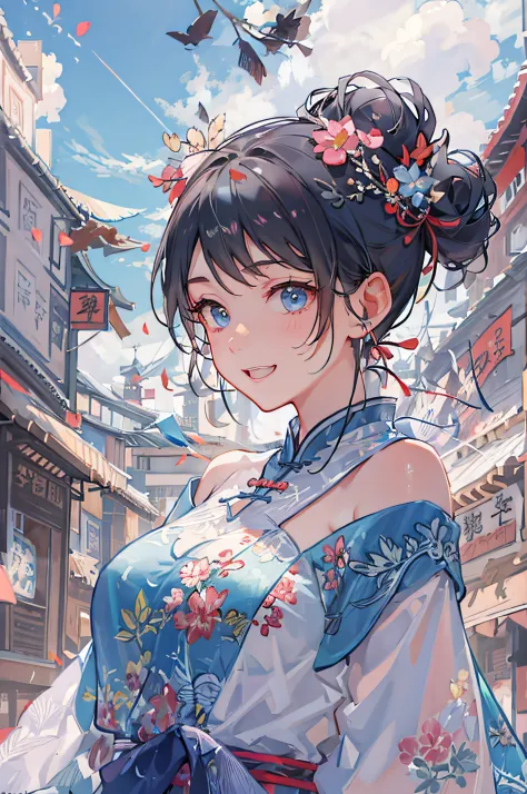 (top-quality、in 8K、32K、​masterpiece、nffsw、ighly detailed:1.2)、sideshot、Full body, blue open sky、Chinese towns、beauitful face、blurry backround、20-year-old beauty、shinny skin、black colored hair、Bun hair、Blue eyes、Chinese clothing、Floral hair ornament、raise a...
