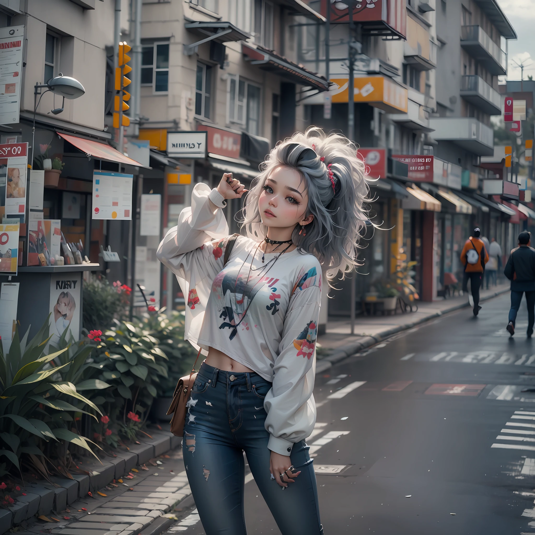 Random hair style, random clothes, random angle, random pose, random weather, random place