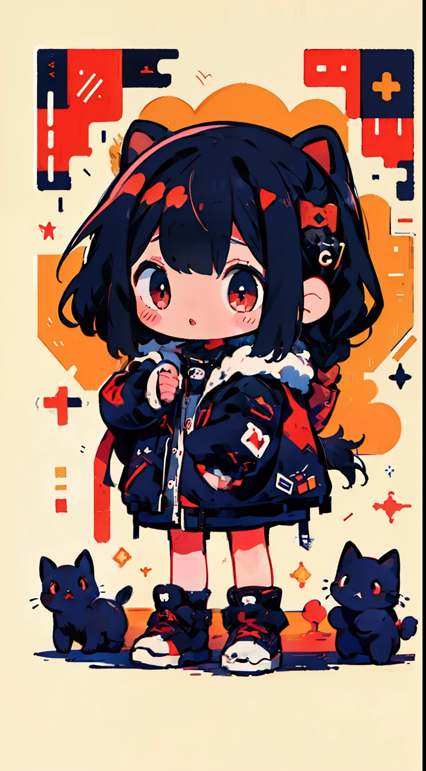 One girl、A dark-haired、cute little、parka、poneyTail、red eyes、​masterpiece、top-quality、Top image quality