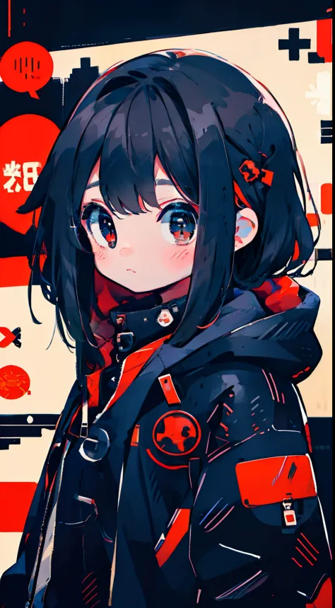 One girl、A dark-haired、cute little、parka、poneyTail、red eyes、​masterpiece、top-quality、Top image quality