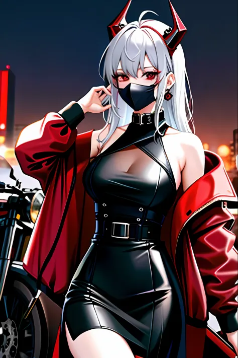 1girl, red eyes, horns, solo, jacket, mask, black jacket, earrings, jewelry, white shirt, shirt, white hair, mouth mask, hair be...